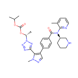 Cc1cccnc1N(C(=O)c1ccc(-c2cnn(C)c2-c2nnn([C@@H](C)OC(=O)OC(C)C)n2)cc1)[C@@H]1CCCNC1 ZINC001772613374