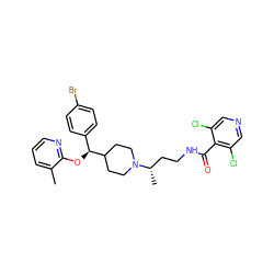 Cc1cccnc1O[C@@H](c1ccc(Br)cc1)C1CCN([C@@H](C)CCNC(=O)c2c(Cl)cncc2Cl)CC1 ZINC000071315956