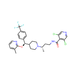 Cc1cccnc1O[C@@H](c1ccc(C(F)(F)F)cc1)C1CCN([C@@H](C)CCNC(=O)c2c(Cl)cncc2Cl)CC1 ZINC000071319242