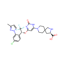 Cc1ccn(-c2cc(Cl)ccc2[C@@H](Oc2cc(N3CCC4(CC3)CN[C@@H](C(=O)O)C4)[nH]c(=O)n2)C(F)(F)F)n1 ZINC000653790440