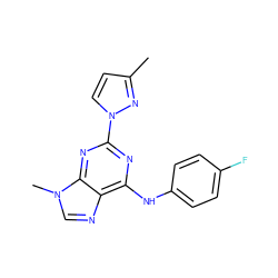 Cc1ccn(-c2nc(Nc3ccc(F)cc3)c3ncn(C)c3n2)n1 ZINC000043200180