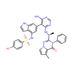 Cc1ccn2nc([C@H](C)Nc3ncnc(N)c3-c3cc(NS(=O)(=O)c4ccc(O)cc4)c4cc[nH]c4c3)n(-c3ccccc3)c(=O)c12 ZINC000224295341