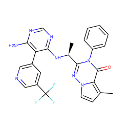 Cc1ccn2nc([C@H](C)Nc3ncnc(N)c3-c3cncc(C(F)(F)F)c3)n(-c3ccccc3)c(=O)c12 ZINC001772610511