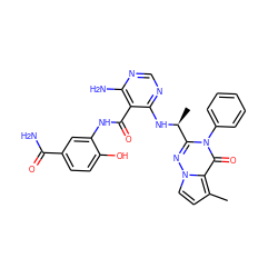 Cc1ccn2nc([C@H](C)Nc3ncnc(N)c3C(=O)Nc3cc(C(N)=O)ccc3O)n(-c3ccccc3)c(=O)c12 ZINC000209010665