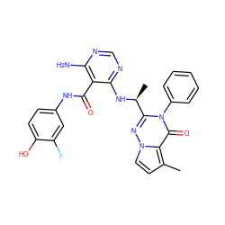 Cc1ccn2nc([C@H](C)Nc3ncnc(N)c3C(=O)Nc3ccc(O)c(F)c3)n(-c3ccccc3)c(=O)c12 ZINC000208983549