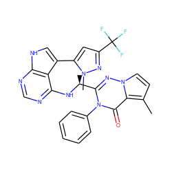 Cc1ccn2nc([C@H](C)Nc3ncnc4[nH]cc(-c5cc(C(F)(F)F)nn5C)c34)n(-c3ccccc3)c(=O)c12 ZINC001772587713