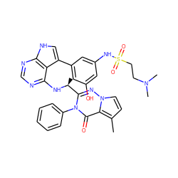 Cc1ccn2nc([C@H](C)Nc3ncnc4[nH]cc(-c5cc(O)cc(NS(=O)(=O)CCN(C)C)c5)c34)n(-c3ccccc3)c(=O)c12 ZINC000224283975