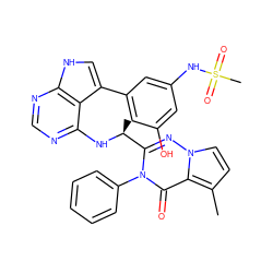 Cc1ccn2nc([C@H](C)Nc3ncnc4[nH]cc(-c5cc(O)cc(NS(C)(=O)=O)c5)c34)n(-c3ccccc3)c(=O)c12 ZINC000224294944