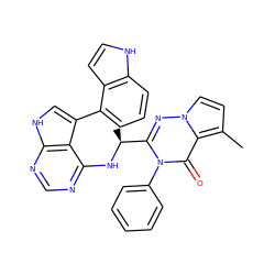 Cc1ccn2nc([C@H](C)Nc3ncnc4[nH]cc(-c5cccc6[nH]ccc56)c34)n(-c3ccccc3)c(=O)c12 ZINC000208989245