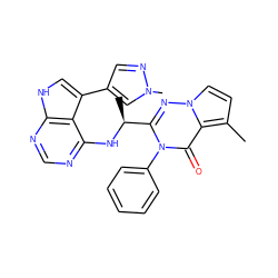 Cc1ccn2nc([C@H](C)Nc3ncnc4[nH]cc(-c5cnn(C)c5)c34)n(-c3ccccc3)c(=O)c12 ZINC000208995485