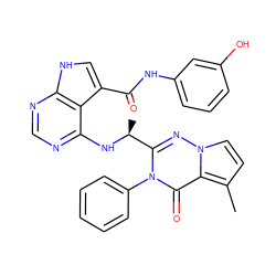 Cc1ccn2nc([C@H](C)Nc3ncnc4[nH]cc(C(=O)Nc5cccc(O)c5)c34)n(-c3ccccc3)c(=O)c12 ZINC000208995625