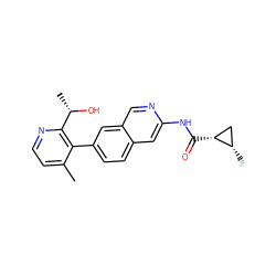 Cc1ccnc([C@H](C)O)c1-c1ccc2cc(NC(=O)[C@@H]3C[C@@H]3F)ncc2c1 ZINC000144371581