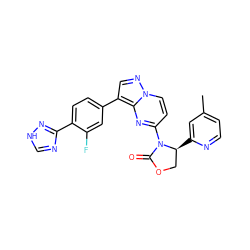 Cc1ccnc([C@H]2COC(=O)N2c2ccn3ncc(-c4ccc(-c5nc[nH]n5)c(F)c4)c3n2)c1 ZINC000116186352