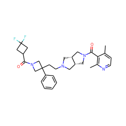 Cc1ccnc(C)c1C(=O)N1C[C@@H]2CN(CCC3(c4ccccc4)CN(C(=O)C4CC(F)(F)C4)C3)C[C@@H]2C1 ZINC000045364779