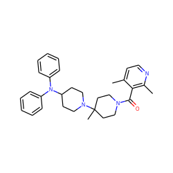 Cc1ccnc(C)c1C(=O)N1CCC(C)(N2CCC(N(c3ccccc3)c3ccccc3)CC2)CC1 ZINC000013560299