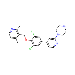 Cc1ccnc(C)c1COc1c(Cl)cc(-c2ccnc(N3CCNCC3)c2)cc1Cl ZINC001772572290