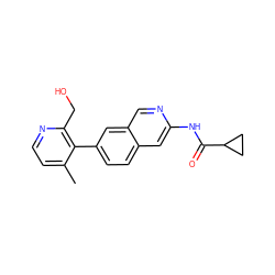 Cc1ccnc(CO)c1-c1ccc2cc(NC(=O)C3CC3)ncc2c1 ZINC000144411674