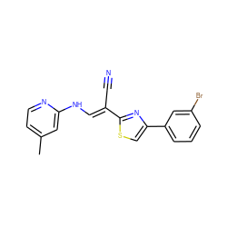 Cc1ccnc(N/C=C(\C#N)c2nc(-c3cccc(Br)c3)cs2)c1 ZINC000006795323