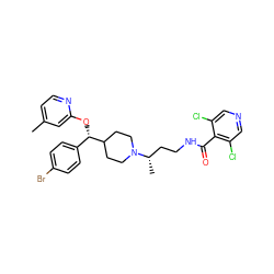 Cc1ccnc(O[C@@H](c2ccc(Br)cc2)C2CCN([C@@H](C)CCNC(=O)c3c(Cl)cncc3Cl)CC2)c1 ZINC000071317446