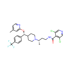 Cc1ccnc(O[C@@H](c2ccc(C(F)(F)F)cc2)C2CCN([C@@H](C)CCNC(=O)c3c(Cl)cncc3Cl)CC2)c1 ZINC000071330083