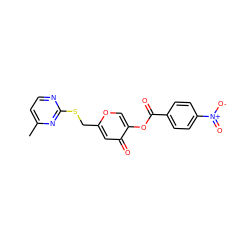 Cc1ccnc(SCc2cc(=O)c(OC(=O)c3ccc([N+](=O)[O-])cc3)co2)n1 ZINC000004377283