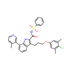 Cc1ccncc1-c1cccc2c(CCCOc3cc(C)c(Cl)c(C)c3)c(C(=O)NS(=O)(=O)c3ccccc3)[nH]c12 ZINC000222415809