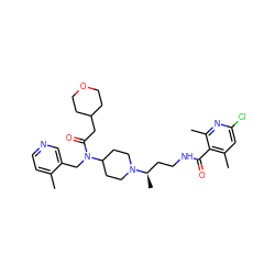 Cc1ccncc1CN(C(=O)CC1CCOCC1)C1CCN([C@H](C)CCNC(=O)c2c(C)cc(Cl)nc2C)CC1 ZINC000095556786