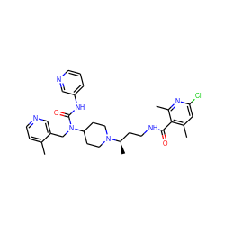 Cc1ccncc1CN(C(=O)Nc1cccnc1)C1CCN([C@H](C)CCNC(=O)c2c(C)cc(Cl)nc2C)CC1 ZINC000095556840