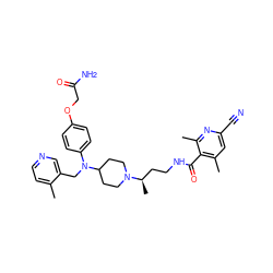 Cc1ccncc1CN(c1ccc(OCC(N)=O)cc1)C1CCN([C@H](C)CCNC(=O)c2c(C)cc(C#N)nc2C)CC1 ZINC000082155321