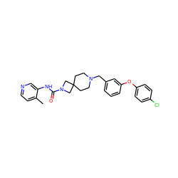 Cc1ccncc1NC(=O)N1CC2(CCN(Cc3cccc(Oc4ccc(Cl)cc4)c3)CC2)C1 ZINC000103263361