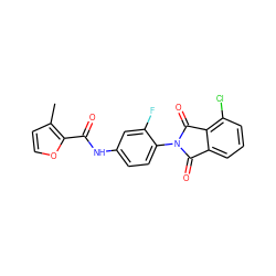 Cc1ccoc1C(=O)Nc1ccc(N2C(=O)c3cccc(Cl)c3C2=O)c(F)c1 ZINC000473172599