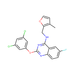 Cc1ccoc1CNc1nc(Oc2cc(Cl)cc(Cl)c2)nc2ccc(F)cc12 ZINC000653765594