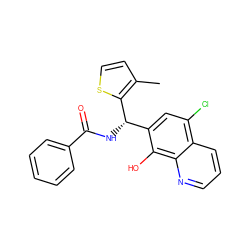 Cc1ccsc1[C@@H](NC(=O)c1ccccc1)c1cc(Cl)c2cccnc2c1O ZINC000653746729