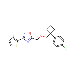 Cc1ccsc1-c1noc(COCC2(c3ccc(Cl)cc3)CCC2)n1 ZINC001772599224