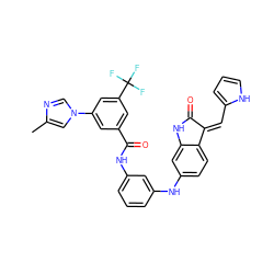 Cc1cn(-c2cc(C(=O)Nc3cccc(Nc4ccc5c(c4)NC(=O)/C5=C\c4ccc[nH]4)c3)cc(C(F)(F)F)c2)cn1 ZINC000084671513