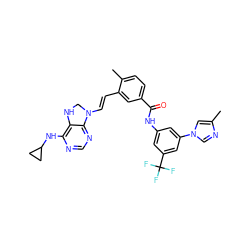 Cc1cn(-c2cc(NC(=O)c3ccc(C)c(/C=C/N4CNc5c(NC6CC6)ncnc54)c3)cc(C(F)(F)F)c2)cn1 ZINC000049777869