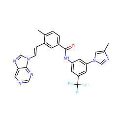 Cc1cn(-c2cc(NC(=O)c3ccc(C)c(/C=C/n4cnc5cncnc54)c3)cc(C(F)(F)F)c2)cn1 ZINC000043078716