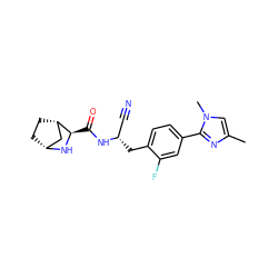 Cc1cn(C)c(-c2ccc(C[C@@H](C#N)NC(=O)[C@H]3N[C@@H]4CC[C@H]3C4)c(F)c2)n1 ZINC000219309721