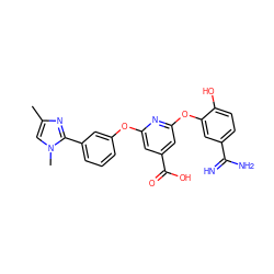 Cc1cn(C)c(-c2cccc(Oc3cc(C(=O)O)cc(Oc4cc(C(=N)N)ccc4O)n3)c2)n1 ZINC000013474070