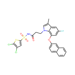 Cc1cn(CCC(=O)NS(=O)(=O)c2cc(Cl)c(Cl)s2)c2c(Oc3ccc4ccccc4c3)cc(F)cc12 ZINC000049677834