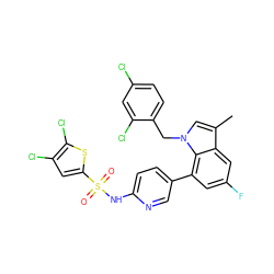 Cc1cn(Cc2ccc(Cl)cc2Cl)c2c(-c3ccc(NS(=O)(=O)c4cc(Cl)c(Cl)s4)nc3)cc(F)cc12 ZINC000049775206