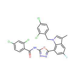 Cc1cn(Cc2ccc(Cl)cc2Cl)c2c(-c3nnc(NC(=O)c4ccc(Cl)cc4Cl)o3)cc(F)cc12 ZINC000049785633