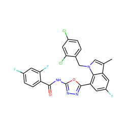 Cc1cn(Cc2ccc(Cl)cc2Cl)c2c(-c3nnc(NC(=O)c4ccc(F)cc4F)o3)cc(F)cc12 ZINC000049777375