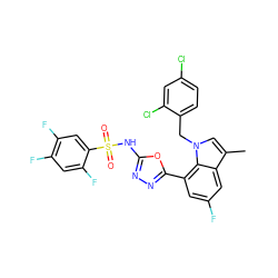 Cc1cn(Cc2ccc(Cl)cc2Cl)c2c(-c3nnc(NS(=O)(=O)c4cc(F)c(F)cc4F)o3)cc(F)cc12 ZINC000043129961