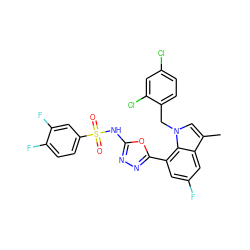 Cc1cn(Cc2ccc(Cl)cc2Cl)c2c(-c3nnc(NS(=O)(=O)c4ccc(F)c(F)c4)o3)cc(F)cc12 ZINC000049785802