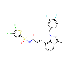 Cc1cn(Cc2ccc(F)c(F)c2)c2c(/C=C/C(=O)NS(=O)(=O)c3cc(Cl)c(Cl)s3)cc(F)cc12 ZINC000049678609