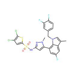 Cc1cn(Cc2ccc(F)c(F)c2)c2c(-c3cc(NS(=O)(=O)c4cc(Cl)c(Cl)s4)nn3C)cc(F)cc12 ZINC000049792767