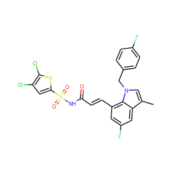 Cc1cn(Cc2ccc(F)cc2)c2c(/C=C/C(=O)NS(=O)(=O)c3cc(Cl)c(Cl)s3)cc(F)cc12 ZINC000049867678