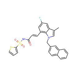 Cc1cn(Cc2ccc3ccccc3c2)c2c(/C=C/C(=O)NS(=O)(=O)c3cccs3)cc(F)cc12 ZINC000045245707