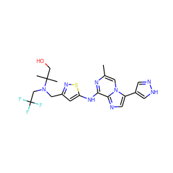 Cc1cn2c(-c3cn[nH]c3)cnc2c(Nc2cc(CN(CC(F)(F)F)C(C)(C)CO)ns2)n1 ZINC000066100057